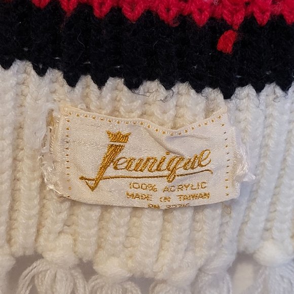 Vintage Acrylic Knit Scarf Fringe Ends Red Navy Ski Pattern Jeunique 60s 70s - Picture 2 of 8